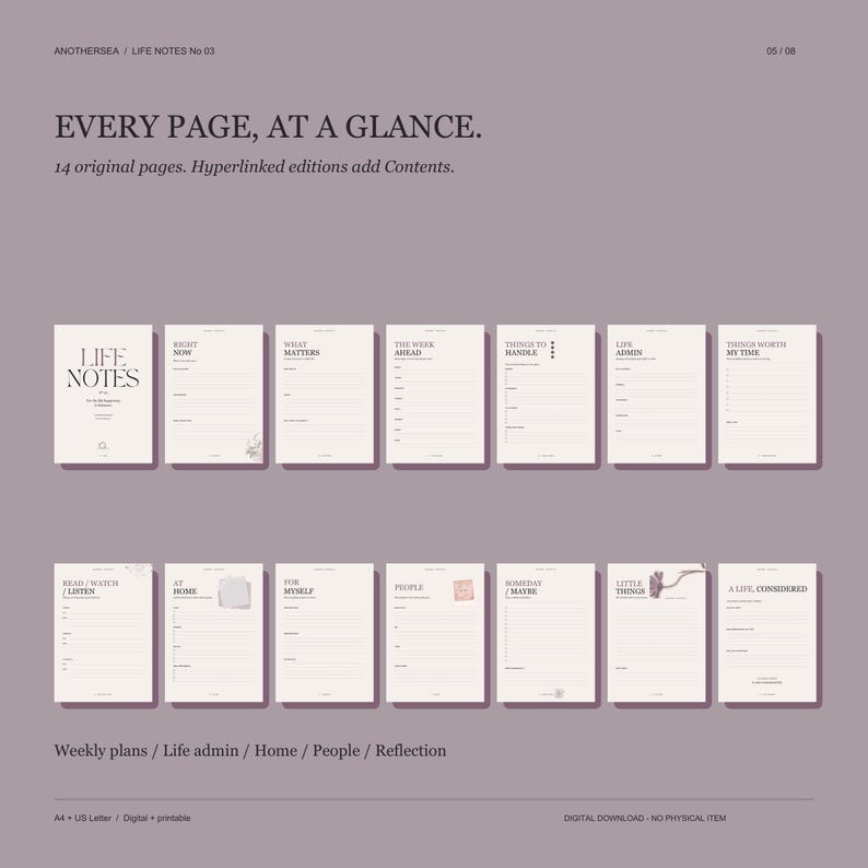 May include: A digital planner set titled LIFE NOTES featuring 14 pages with headings such as RIGHT NOW, WHAT MATTERS, THE WEEK AHEAD, THINGS TO HANDLE, LIFE ADMIN, THINGS WORTH MY TIME, READ/WATCH/LISTEN, AT HOME, FOR MYSELF, PEOPLE, SOMEDAY/MAYBE, LITTLE THINGS, and A LIFE, CONSIDERED.
