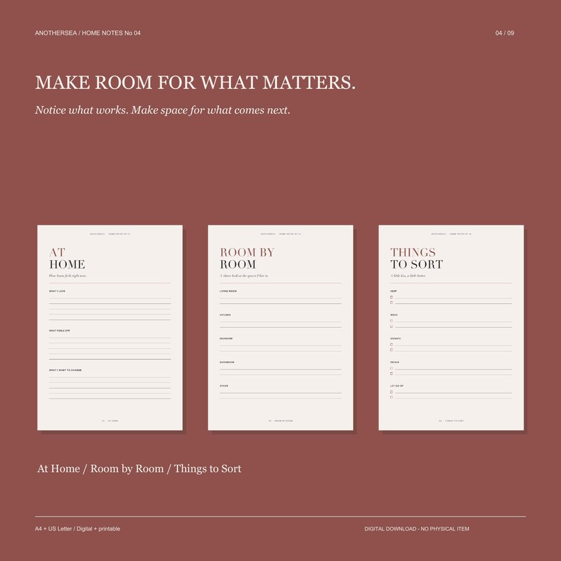 May include: Three off-white digital planner pages on a dark red background. The text reads: MAKE ROOM FOR WHAT MATTERS. Notice what works. Make space for what comes next. The pages are titled AT HOME, ROOM BY ROOM, and THINGS TO SORT.