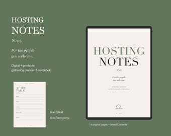 Hosting Planner PDF, Dinner Party Organiser, Hyperlinked A4 & US Letter, Hosting Notes No 05