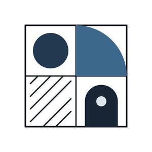 May include: A square graphic design divided into four equal quadrants. The top-left features a dark blue circle, the top-right a blue quarter-circle, the bottom-left diagonal black lines, and the bottom-right a dark blue arch with a small circle.