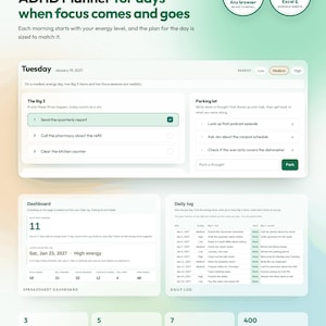 ADHD-planerare, digital daglig planeringsapp och Google Sheets-spårare, energibaserad fokustimer och vanespårare (digital nedladdning)