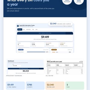 May include: A digital bill and subscription tracker guide for Excel and Google Sheets. The interface displays a dashboard with financial summaries, including a yearly cost of $9,419, monthly costs, and a second look feature for active bills.