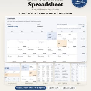 Puede incluir: Una hoja de cálculo digital de calendario de facturas para Excel y Google Sheets. La interfaz muestra una vista mensual para octubre de 2026 con gastos listados, junto con pestañas para panel, facturas, próximos 7 días y pagados. Texto: Daylevel.