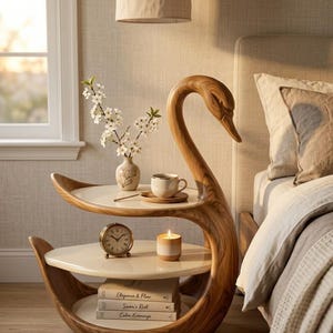 Peut inclure: Une table d'appoint en bois en forme de cygne avec trois niveaux de couleur crème. Le niveau supérieur contient un petit vase avec des fleurs blanches et une tasse en céramique. Le niveau central présente une horloge analogique et une bougie.