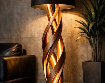 Sculptural Wooden Spiral Floor Lamp, Black Fabric Drum Shade, Rustic Contemporary Living Room