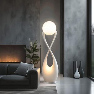 May include: A tall floor lamp featuring a white, sculptural, twisted base that forms an elongated loop. At the top, the structure supports a large, spherical, frosted white glass globe that emits a soft, warm, diffused light.