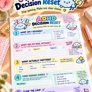 Puede incluir: Una hoja de trabajo impresa ADHD Decision Reset que presenta cinco pasos numerados con casillas de verificación, ilustraciones de nubes coloridas y avisos de texto para ayudar a organizar las decisiones. La página incluye secciones para identificar decisiones, enumerar opciones, priorizar valores, tomar una decisión y planificar el siguiente paso.