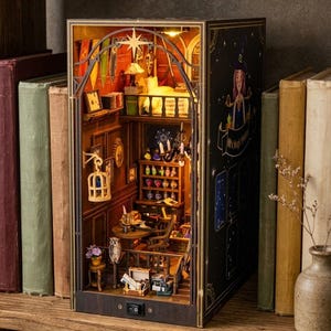 Curiosity Shop Book Nook Kit DIY with LED Light, Magic Apothecary Bookshelf Insert, 3D Wooden Puzzle Miniature for Adults, Christmas Gift