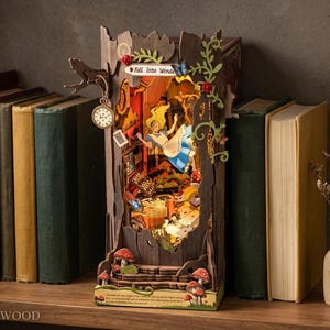 Alice in Wonderland Book Nook Kit DIY with LED Light, Fantasy Bookshelf Insert, 3D Wooden Puzzle Miniature for Adults, Christmas Reader Gift
