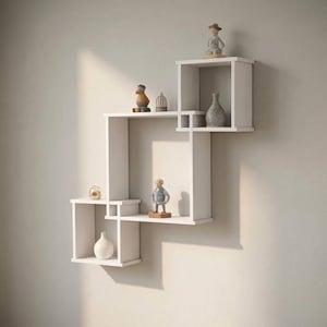 Puede incluir: Una estantería de pared blanca compuesta por compartimentos cuadrados y rectangulares interconectados. Los estantes contienen varias figuras decorativas pequeñas, incluyendo un pájaro, una persona con sombrero y varios jarrones.