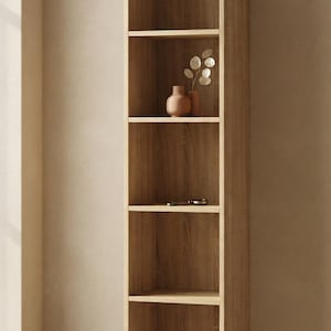 Tall Wood Ladder Shelf · Narrow Vertical Bookcase · Modern Display Shelf