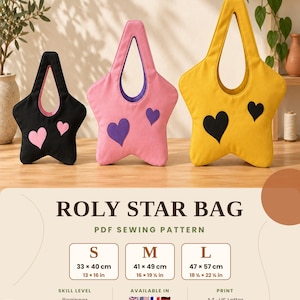 Peut inclure: Trois sacs en forme d'étoile noirs, roses et jaunes avec des appliqués en forme de cœur. Le texte indique ROLY STAR BAG PDF SEWING PATTERN, avec des tailles S 33x40 cm, M 41x49 cm et L 47x57 cm. Patron pour débutants avec téléchargement immédiat.