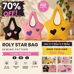 Puede incluir: Un patrón de costura digital para un bolso en forma de estrella Roly Star Bag, que incluye tres bolsos en negro, rosa y amarillo con aplicaciones de corazones. La imagen contiene el texto: 70% OFF, Roly Star Bag Sewing Pattern, 3 Sizes Included, Sew it Wear it Shine, Make Your Own Star Bag e iconos para PDF, impresora y opciones de idioma.