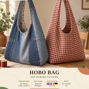 Könnte beinhalten: Ein PDF-Schnittmuster für eine wendbare Hobo-Tasche, zwei Taschen in einer. Eine Seite besteht aus blauen Denim-Bahnen, die andere aus rot-weißem Vichy-Stoff. Die fertige Größe beträgt 41 mal 64 cm. Enthält den Text: Hobo Bag, PDF Sewing Pattern.