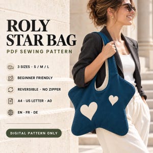 Op de afbeelding: Een digitaal PDF-naaipatroon voor een Roly Star tas. De tekst bevat 3 maten S/M/L, beginnersvriendelijk, omkeerbaar, geen rits, A4/US Letter/A0 en talen EN/FR/DE. De afbeelding toont een donkerblauwe stervormige tas met twee witte harten.