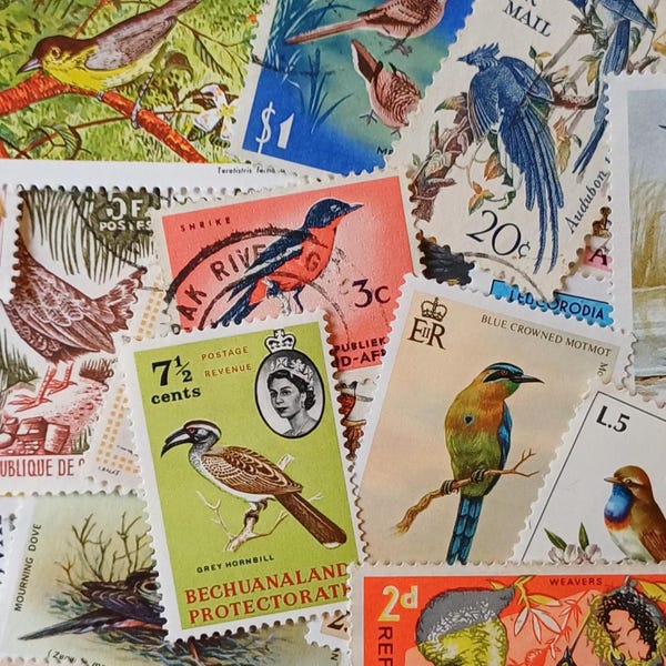 Vintage Bird Postage Stamps for Crafting and Collecting