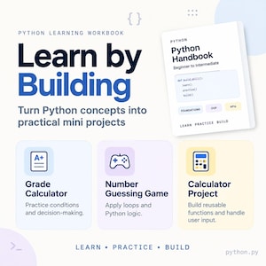 May include: A Python learning workbook titled Learn by Building featuring a handbook cover with code snippets. It lists projects including a Grade Calculator, Number Guessing Game, and Calculator Project with icons for each, emphasizing learn, practice, and build.