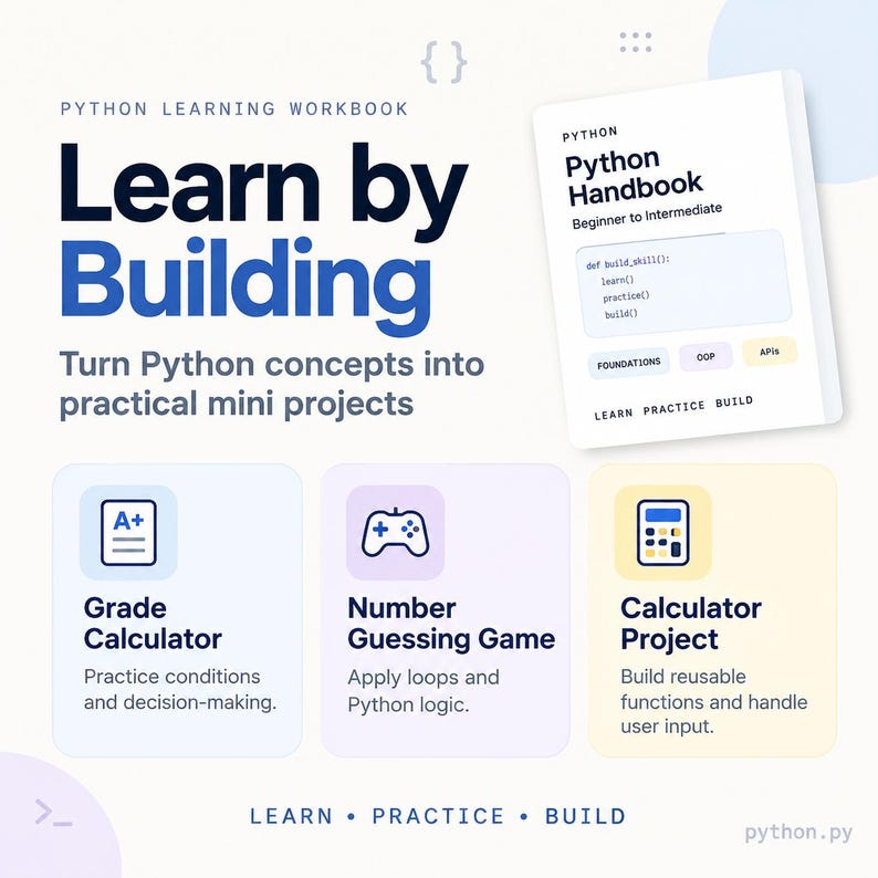 May include: A Python learning workbook titled Learn by Building featuring a handbook cover with code snippets. It lists projects including a Grade Calculator, Number Guessing Game, and Calculator Project with icons for each, emphasizing learn, practice, and build.