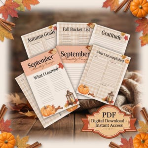 May include: A collection of printable planner pages featuring autumn themes with pumpkins, lanterns, and cinnamon sticks. The pages include headers like Autumn Goals, Fall Bucket List, Gratitude, September Monthly Recap, and What I Accomplished.
