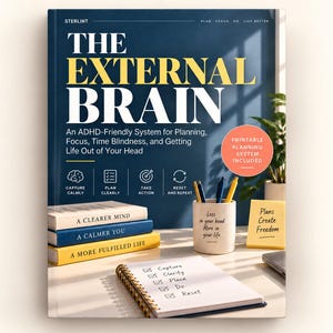 May include: A dark blue book titled The External Brain with white and yellow text. The cover features icons for capture, plan, action, and reset. A coral circle states printable planning system included. Three stacked books and a notepad are visible.