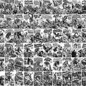 May include: A black and white collage of sixty vintage-style horror movie posters, each featuring a unique creature or monster and a title such as Horned Beast of Cinder Peak, Robot Horror at Radium Lab, and The Beast of Weeping Pines.