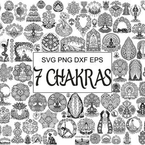 May include: A collection of black and white digital illustrations featuring intricate mandala patterns, yoga poses, trees, and Buddha figures. The central text reads SVG PNG DXF EPS 7 CHAKRAS, surrounded by various detailed spiritual designs.
