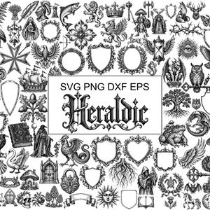 Op de afbeelding: Een verzameling zwart-wit heraldische illustraties met schilden, mythische wezens, kronen en natuurmotieven. De centrale tekst luidt SVG PNG DXF EPS Heraldic, omringd door gedetailleerde gravures van dieren, planten en symbolen.