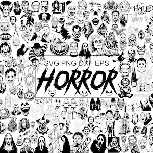 Pode incluir: Uma coleção gráfica digital em preto e branco com inúmeras ilustrações de terror, incluindo vilões icónicos de filmes, crânios, abóboras e fantasmas. O texto central diz SVG PNG DXF EPS HORROR, com HALLOWEEN e REDRUM.