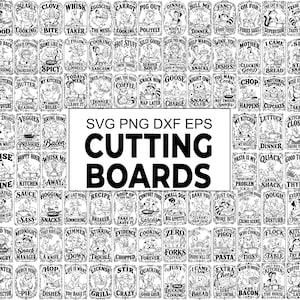 May include: A collection of black and white digital designs featuring various animal characters and kitchen-themed puns. The central text reads SVG PNG DXF EPS CUTTING BOARDS. Each individual rectangular graphic includes unique illustrations.
