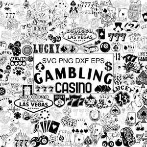 Puede incluir: Una colección gráfica digital en blanco y negro con imágenes de casino y apuestas que incluye naipes, dados, máquinas tragamonedas, cerezas, herraduras y el texto SVG PNG DXF EPS GAMBLING CASINO y WELCOME TO FABULOUS LAS VEGAS.
