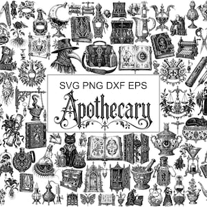 May include: A collection of black and white illustrations featuring apothecary themes, including plague doctors, potion bottles, spell books, scales, and cats. The central text reads SVG PNG DXF EPS Apothecary in a decorative font style.