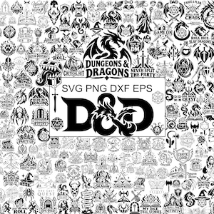 Puede incluir: Una colección de diseños gráficos digitales en blanco y negro con temas de Dungeons and Dragons, que incluyen dragones, dados poliédricos, espadas, escudos y textos como Dungeons and Dragons, SVG, PNG, DXF, EPS y D&D.