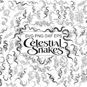 Puede incluir: Una colección de ilustraciones digitales en blanco y negro con varias serpientes entrelazadas con elementos florales, estrellas y lunas. El texto central dice SVG PNG DXF EPS Celestial Snakes en una fuente negra decorativa.