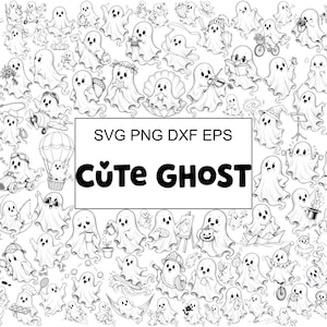 May include: A collection of black and white line art illustrations featuring numerous ghosts engaged in various activities, with a central box containing the text SVG PNG DXF EPS CUTE GHOST in a bold, sans-serif typeface.
