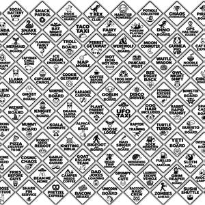 Bundel van 110 grappige SVG-autobordjes, verkeersborden met humoristische vectorclipart.