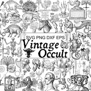 Puede incluir: Una colección de ilustraciones en blanco y negro de estilo vintage con motivos ocultos, mitológicos y alquímicos. El texto central dice SVG PNG DXF EPS Vintage Occult, rodeado de dibujos de animales, esqueletos y figuras simbólicas.