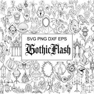 May include: A collection of black and white line art illustrations featuring various motifs including skulls, animals, mythical creatures, and architectural elements. The central text reads SVG PNG DXF EPS GothicFlash.
