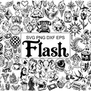 May include: A collection of black and white line art illustrations featuring various icons including a telephone, skull, hot air balloon, animals, and food items, with the text SVG PNG DXF EPS Flash centered in a rectangular frame.