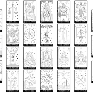 Puede incluir: Una colección de veinticuatro cartas de tarot en blanco y negro dispuestas en una cuadrícula. Cada carta presenta una ilustración de líneas única y un título, incluyendo The Lovers, Justice, Queen of Wands, Queen of Pentacles, King of Wands, King of Cups, Queen of Swords, King of Pentacles, The Wheel, The Hanged Man, The Hermit, Temperance, King of Swords, The Tower, The Emperor, The Chariot, High Priestess, The Empress, The Star, The Devil, Hierophant, The Fool, The Sun, Judgement, The World y Strength.