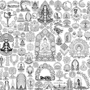 Op de afbeelding: Een verzameling zwart-wit lijntekeningen met diverse spirituele en meditatieve motieven, waaronder zittende Boeddha-figuren, yogahoudingen, levensbomen, lotusbloemen en ingewikkelde mandalapatronen met chakra-symbolen.