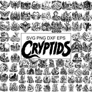 Pode incluir: Uma coleção de ilustrações gráficas em preto e branco com vários críptidos, criaturas míticas e cenas da natureza. O texto central diz SVG PNG DXF EPS CRYPTIDS, cercado por numerosos designs detalhados de monstros e lendas.