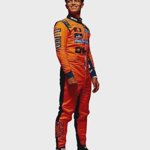 May include: A racing suit in bright orange with black side panels, featuring various sponsor logos including Dell Technologies and DP World. The suit has a high collar, long sleeves, and is worn with black racing boots with yellow accents.