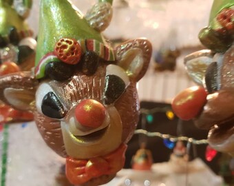 Rudolph ornament, handmade Rudolph ornament, polymer clay ornament