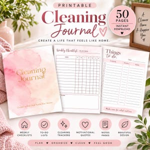Könnte beinhalten: Ein druckbares Reinigungsjournal mit 50 Seiten, mit einem rosa Aquarell-Cover mit dem Titel Cleaning Journal und dem Text Create a life that feels like home. Enthält wöchentliche Checklisten, To-Do-Listen und Zitate in einem Design.