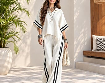 Ivory Striped Co-Ord Set for Women  Oversized Polo Top & Wide Leg Pants