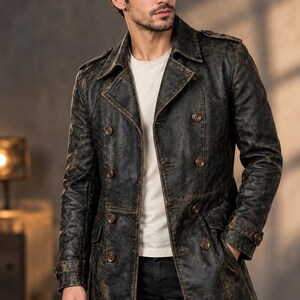 Men's Vintage Leather Coat Double Breasted Military Jacket | Distressed Handcrafted Leather Trench Coat | Rugged Winter Outerwear Gift