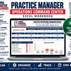 May include: A laptop displaying the Rural Practice Playbooks Operations Command Center Excel workbook. The screen shows a dashboard with operational alerts, credential tracking, and task management metrics dated September 8, 2025, with an editable Excel template badge.