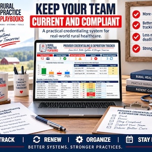 May include: A laptop displaying a Provider Credentialing & Expiration Tracker dashboard, surrounded by branded mugs, a checklist, a clipboard, and books on a desk. The screen shows provider status, expiration dates, and credentialing metrics.