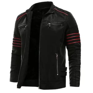 May include: A black jacket featuring a stand-up collar, a full-length front zipper, and two zippered chest pockets. The sleeves are accented with three horizontal red stripes and quilted shoulder detailing, while two lower zippered pockets are present.