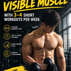 May include: A fitness guide titled BUILD VISIBLE MUSCLE WITH 3-4 SHORT WORKOUTS PER WEEK. It features a muscular individual lifting a black dumbbell. Text includes: EFFICIENT WORKOUT PLAN, JUST 3-4 DAYS PER WEEK, BUILD STRENGTH & SIZE, REALISTIC & SUSTAINABLE.
